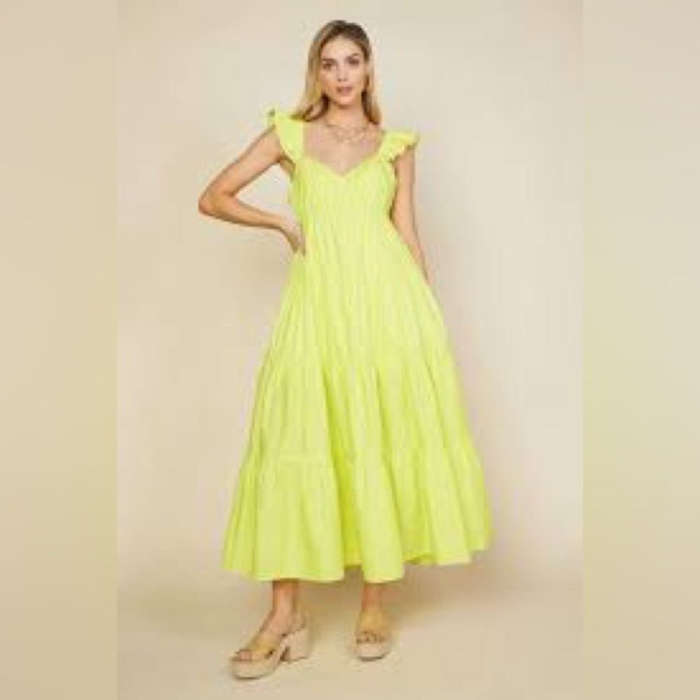 Skies are Blue Lime Yellow Tiered Maxi Dress Large